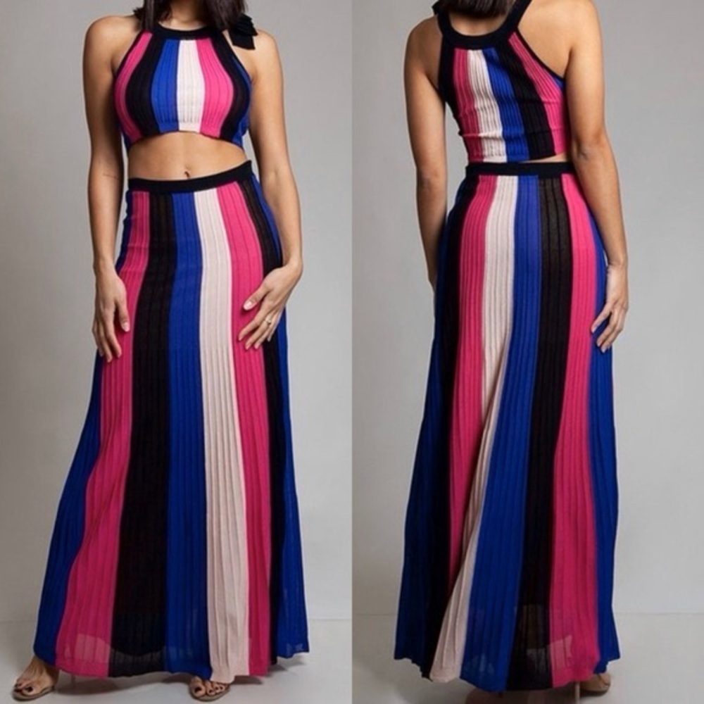 L'ATISTE Blue, Pink, Black & Cream Striped Maxi Skirt Set